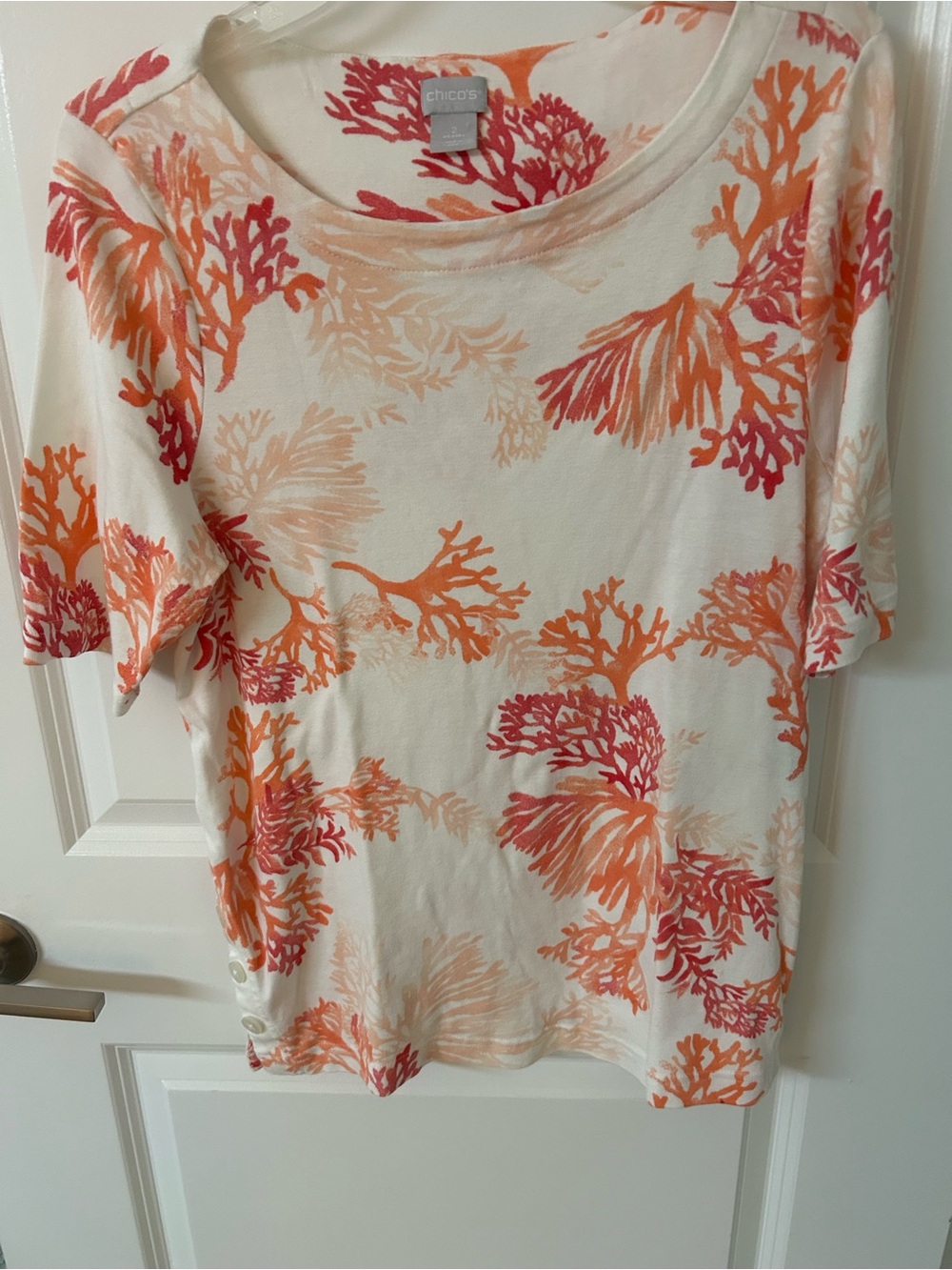 Chico's Cream Tee with Coral and Orange Coralprint